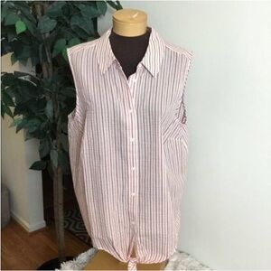 POPSUGAR Red White Striped Sleeveless Tie Front Button Down Top 1X NWT